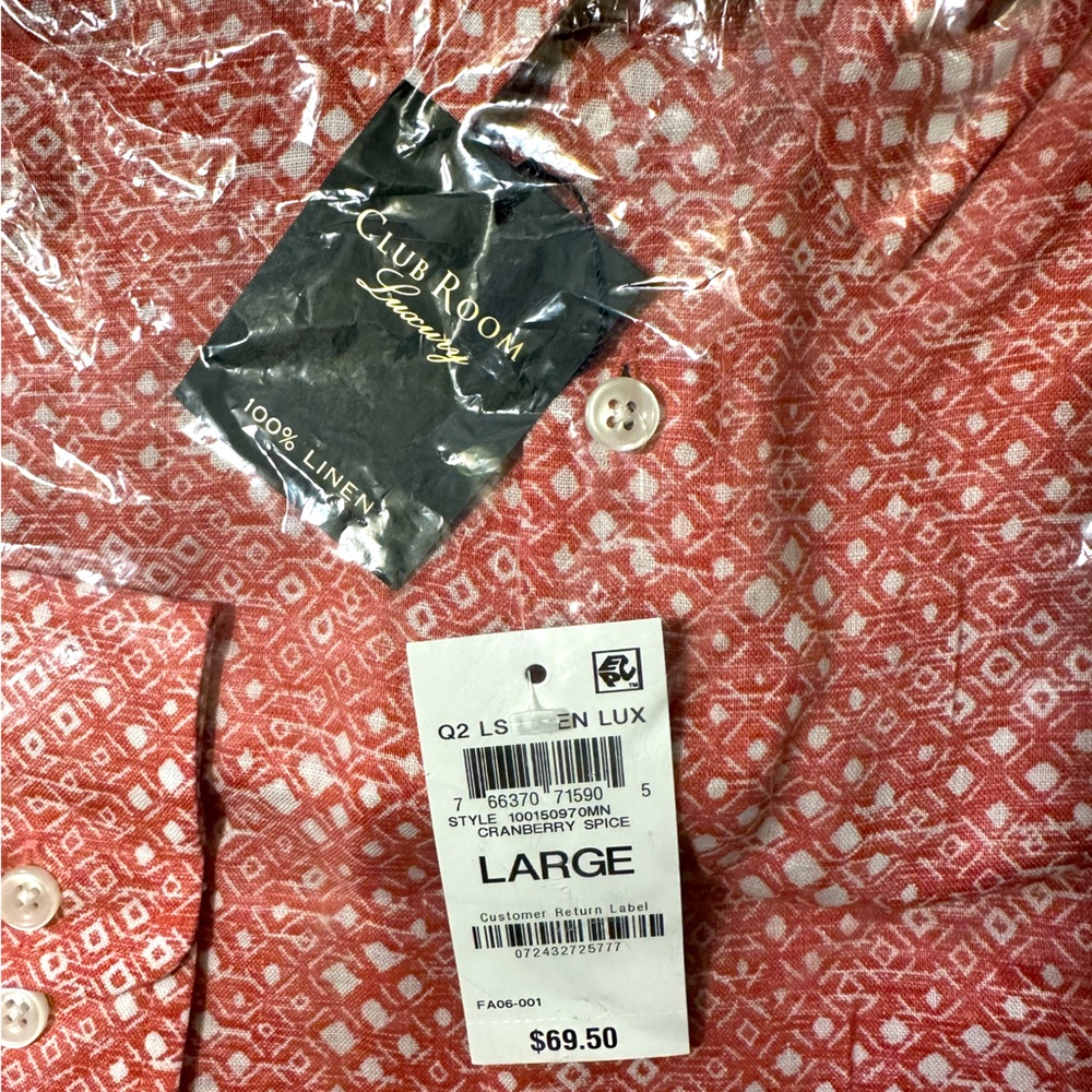 NWT Macy’s Charter Club Men’s Long Sleeve Linen Shirt. Size Large